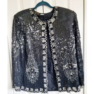 Megere M Vintage 100% Silk Sequined Beaded Jacket Formal Size M Black Should Pad